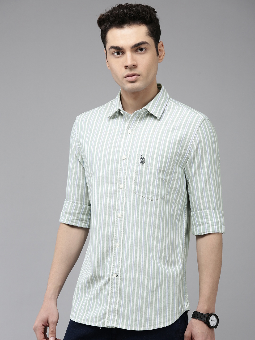 

U.S. Polo Assn. Pure Cotton Tailored Fit Striped Casual Shirt, Green