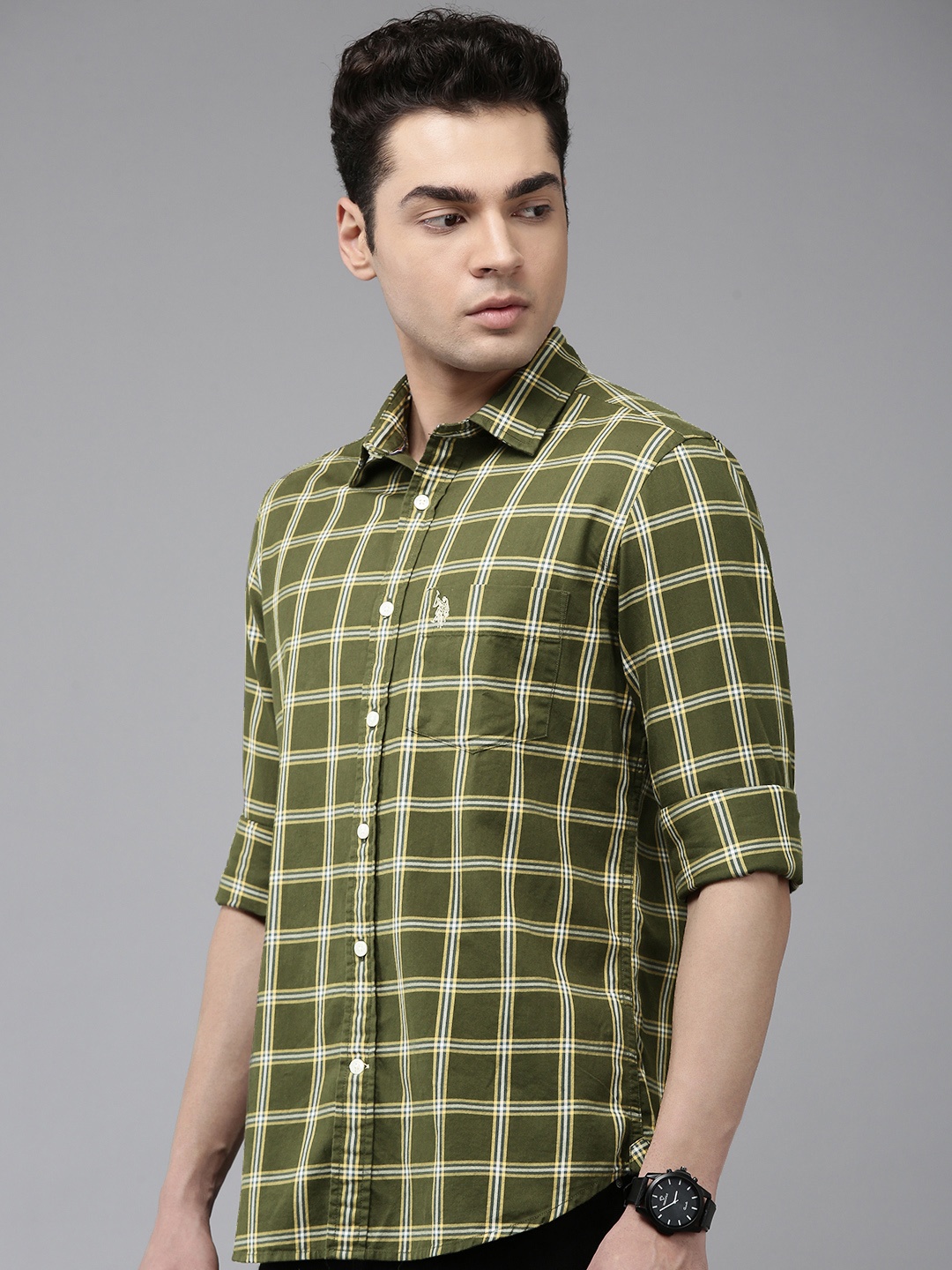 

U.S. Polo Assn. Pure Cotton Tailored Fit Opaque Checked Casual Shirt, Olive