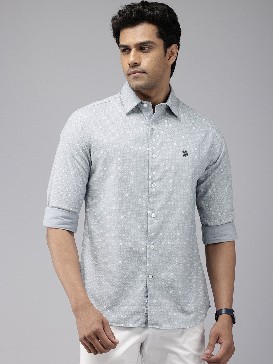 

U.S. Polo Assn. Tailored Fit Geometric Printed Pure Cotton Casual Shirt, Grey