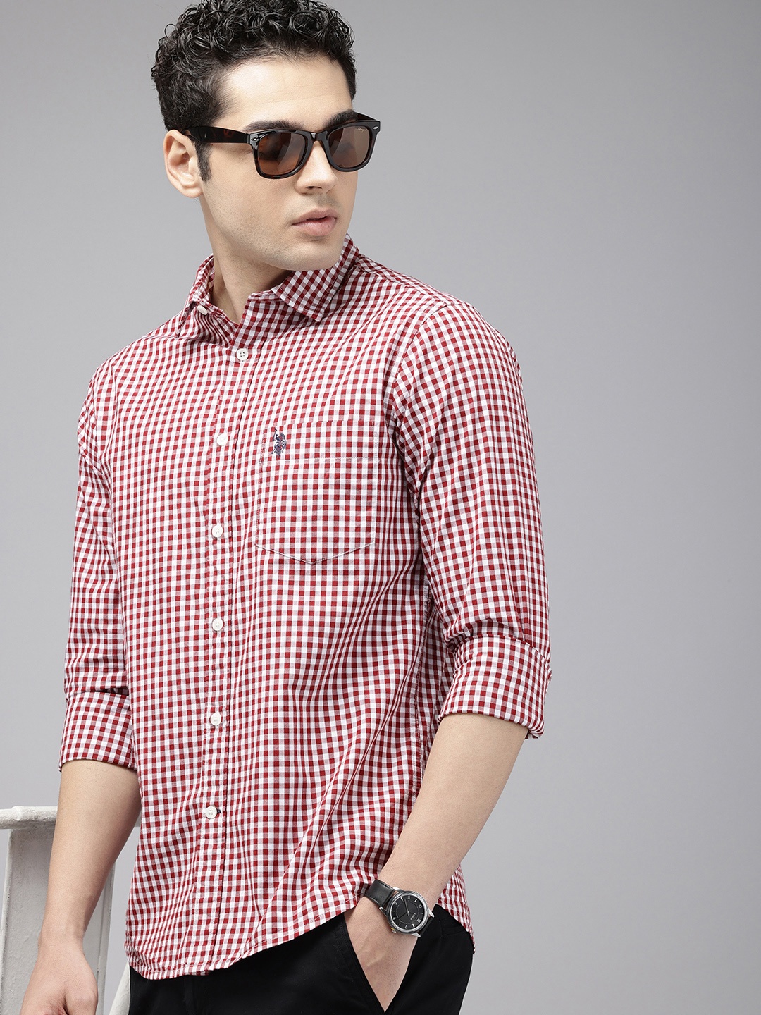 

U.S. Polo Assn. Pure Cotton Tailored Fit Gingham Checked Casual Shirt, Maroon