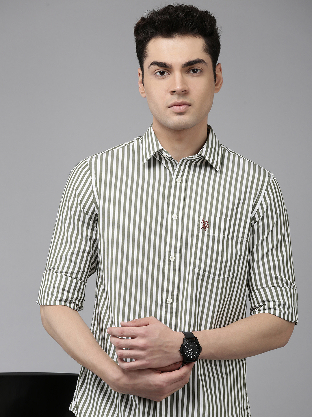 

U.S. Polo Assn. Tailored Fit Vertical Stripes Pure Cotton Casual Shirt, Olive