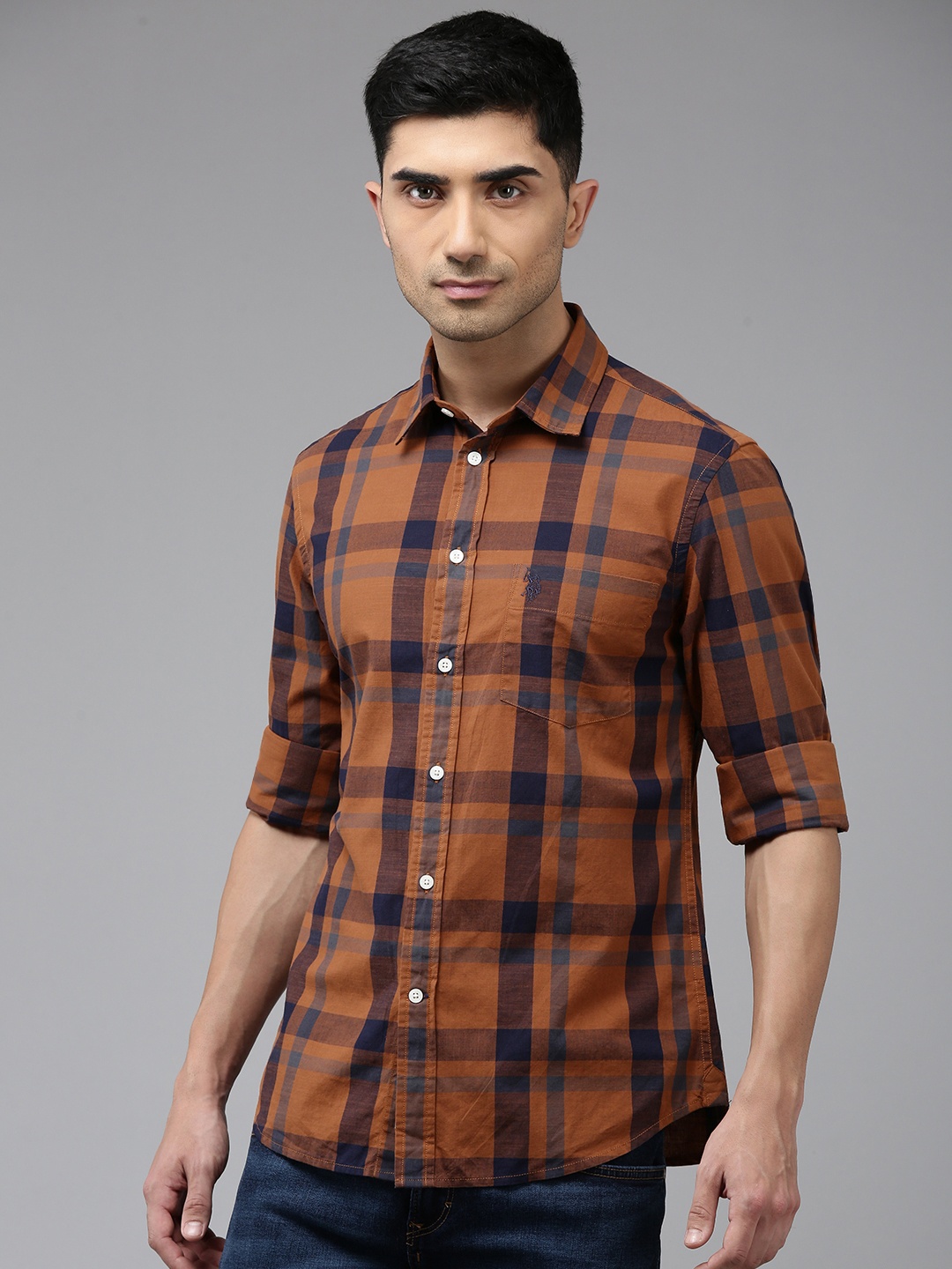 

U.S. Polo Assn. Tailored Fit Opaque Checked Pure Cotton Casual Shirt, Brown