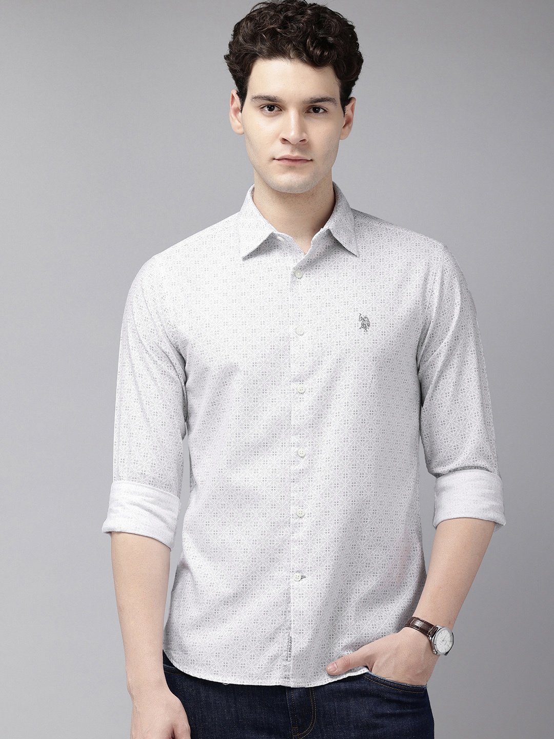 

U.S. Polo Assn. Pure Cotton Tailored Fit Opaque Printed Casual Shirt, White