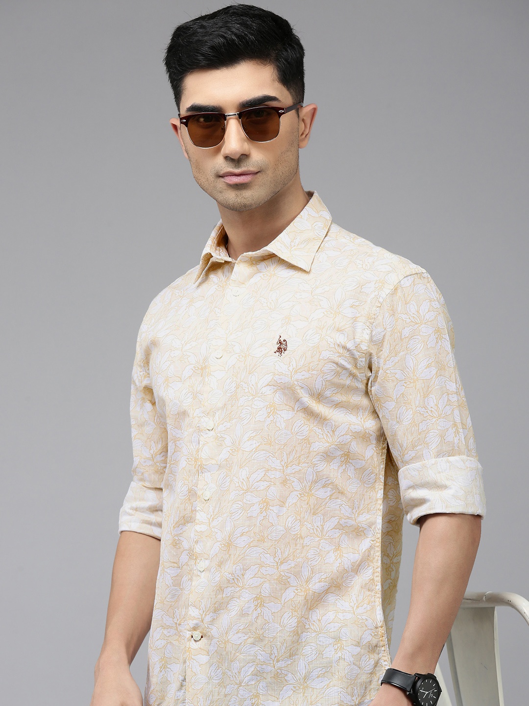 

U.S. Polo Assn. Tailored Fit Floral Printed Pure Cotton Casual Shirt, Beige