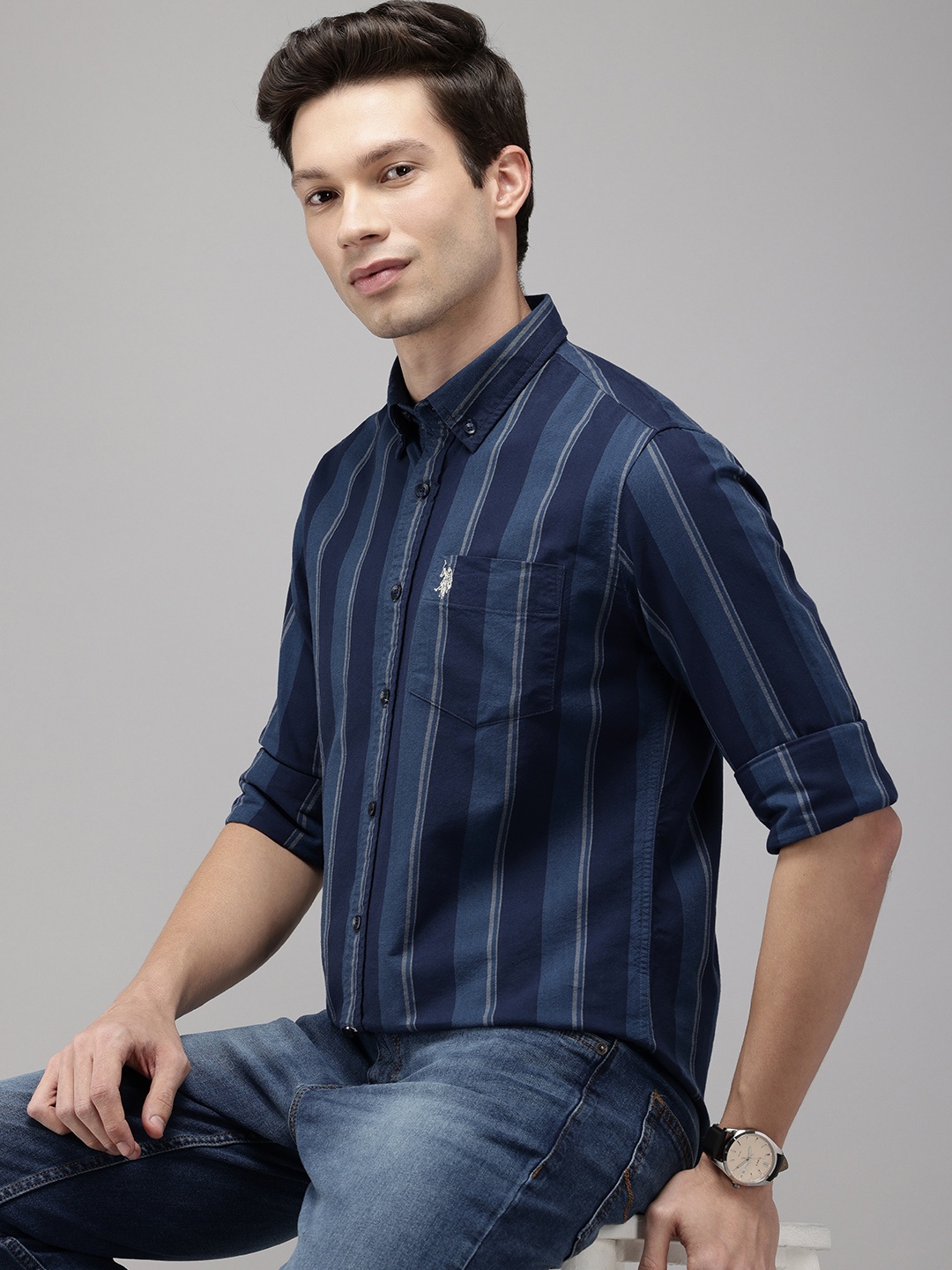 

U.S. Polo Assn. Tailored Fit Vertical Stripes Button-Down Collar Pure Cotton Casual Shirt, Navy blue