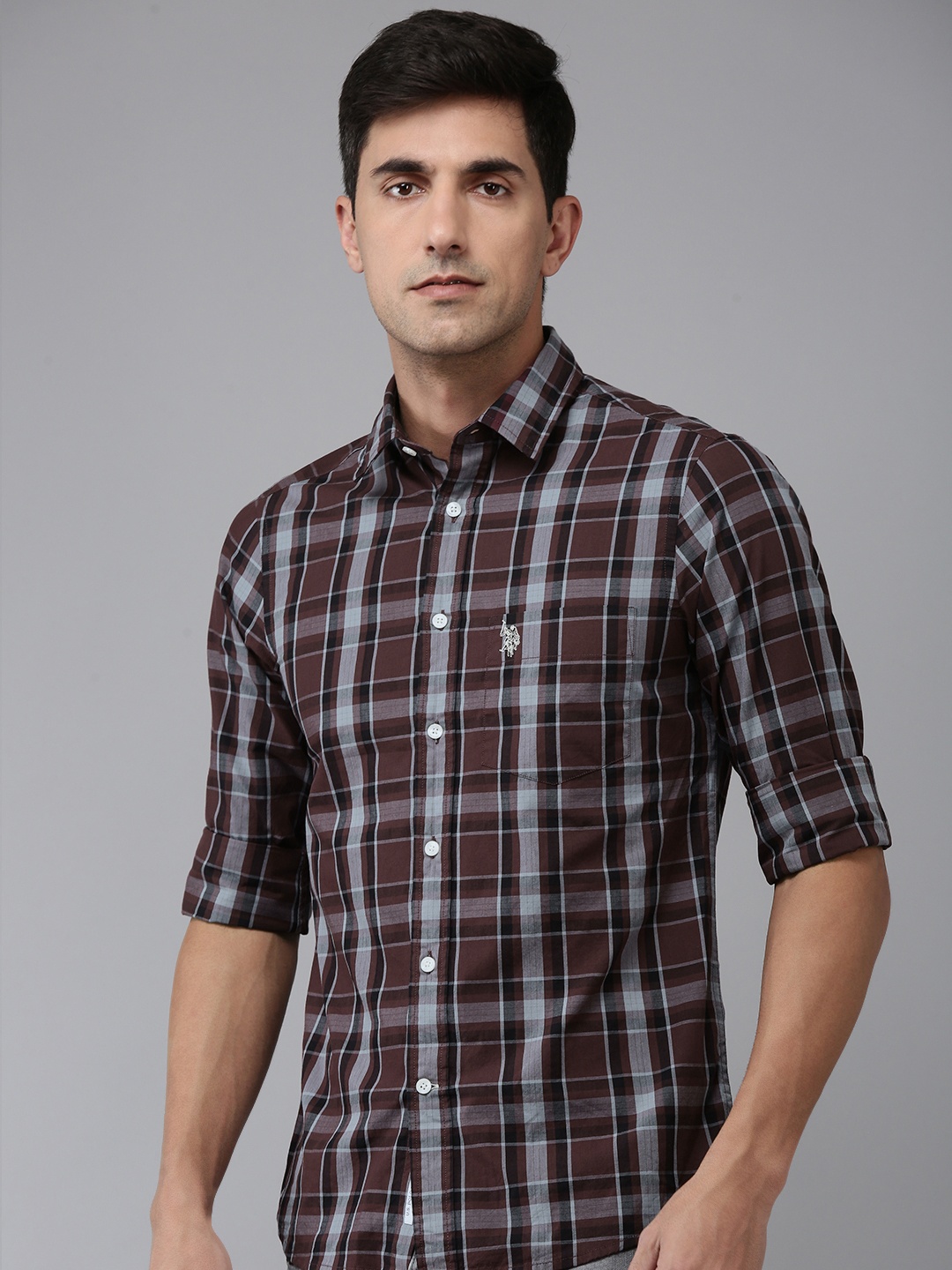 

U.S. Polo Assn. Tailored Fit Checked Pure Cotton Casual Shirt, Maroon