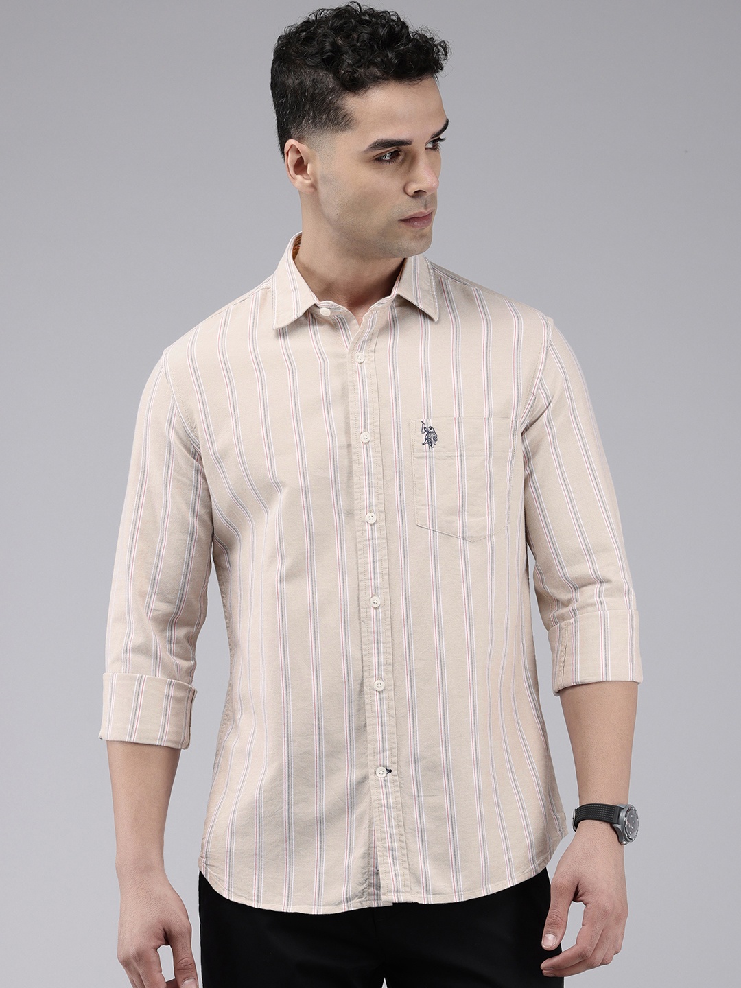 

U.S. Polo Assn. Pure Cotton Tailored Fit Striped Casual Shirt, Beige