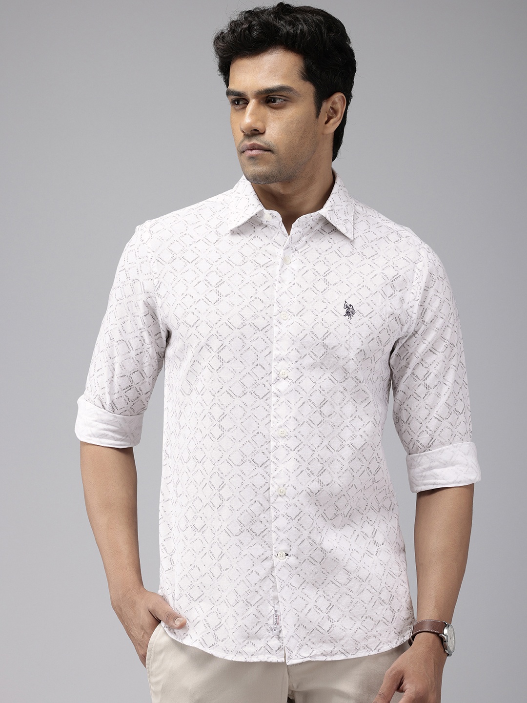 

U.S. Polo Assn. Tailored Fit Geometric Printed Pure Cotton Casual Shirt, White