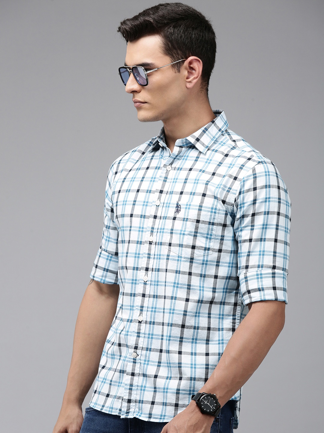 

U.S. Polo Assn. Tailored Fit Checked Pure Cotton Casual Shirt, Blue