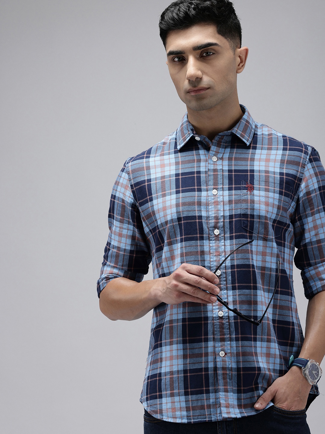 

U.S. Polo Assn. Tailored Fit Tartan Checked Pure Cotton Casual Shirt, Blue