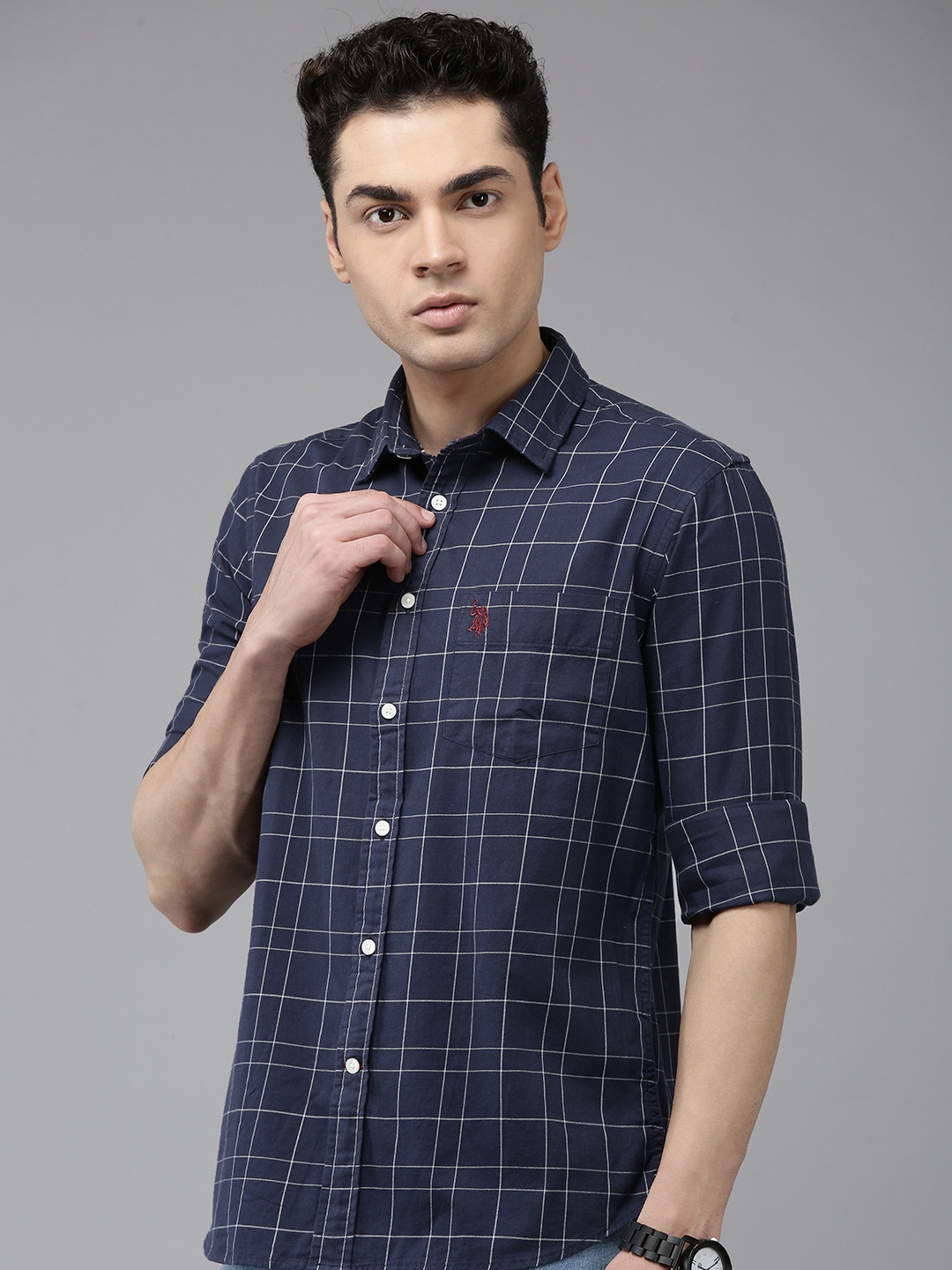 

U.S. Polo Assn. Tailored Fit Checked Pure Cotton Casual Shirt, Navy blue