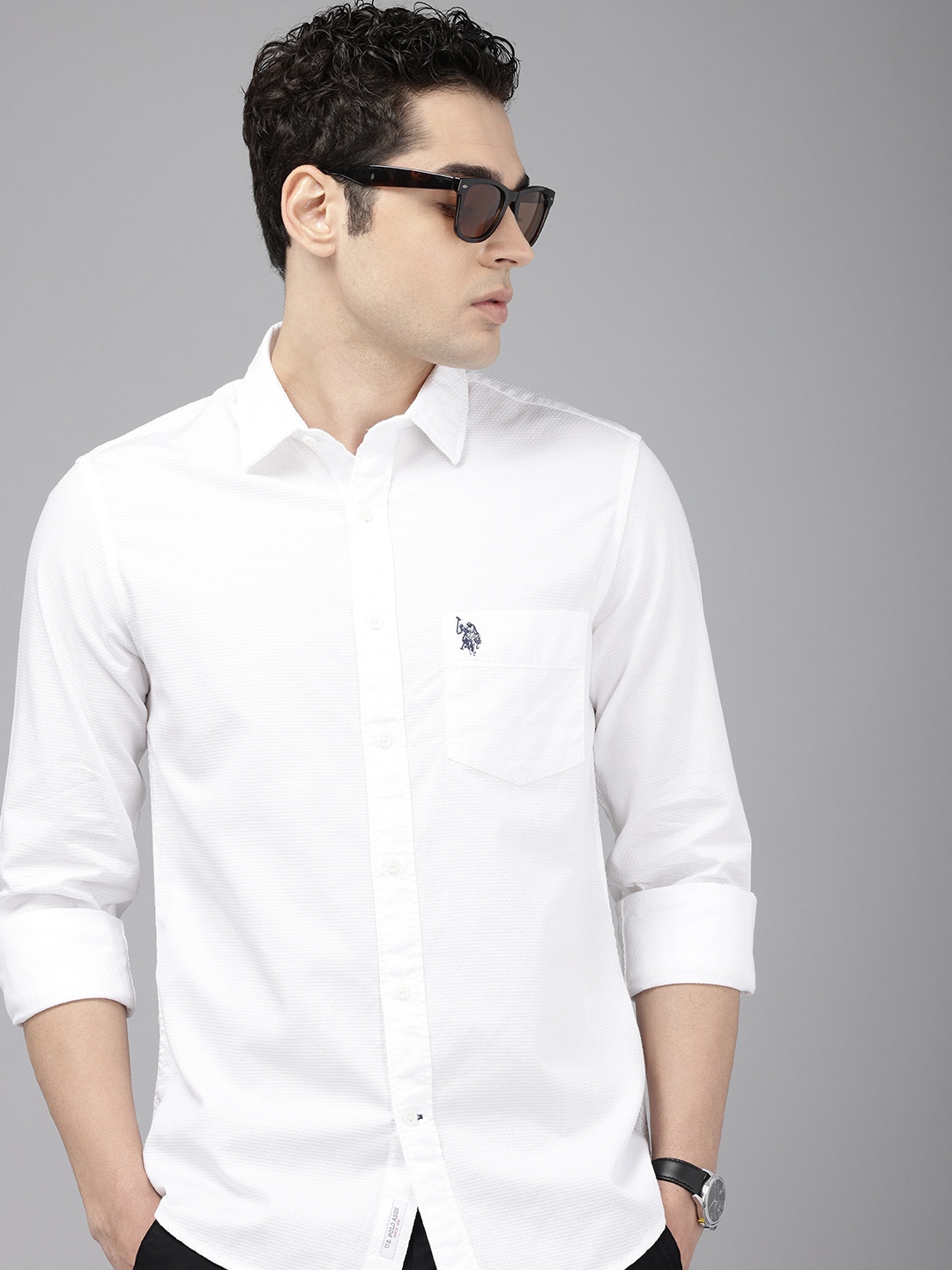 

U.S. Polo Assn. Tailored Fit Textured Pure Cotton Casual Shirt, White