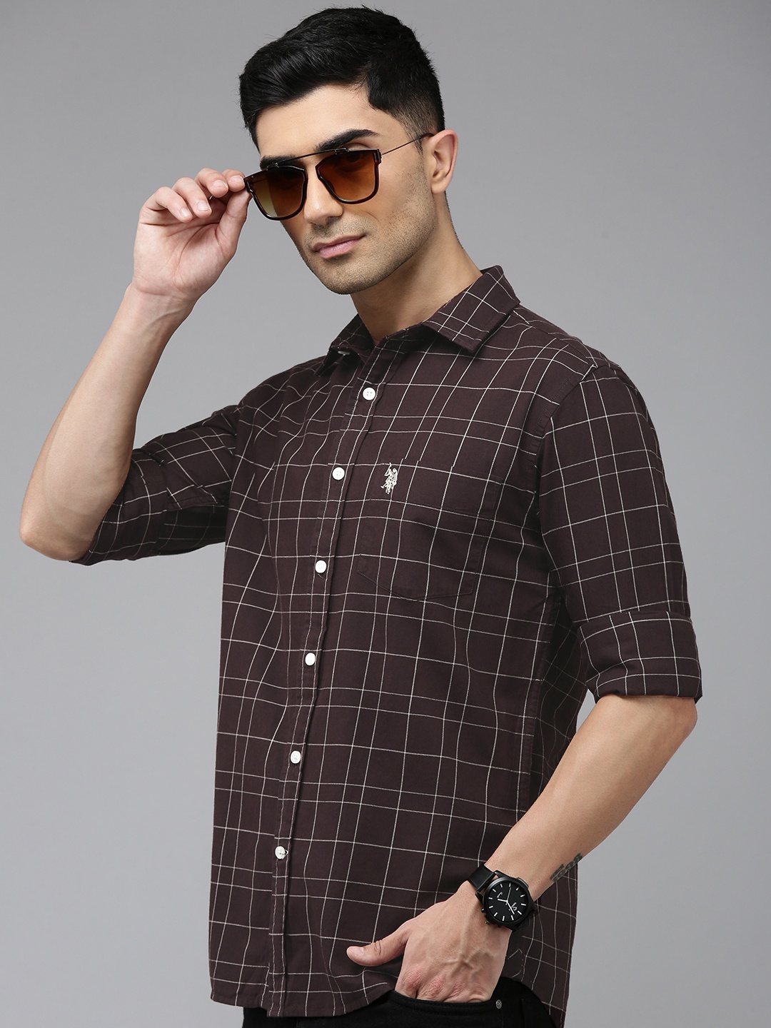 

U.S. Polo Assn. Tailored Fit Checked Pure Cotton Casual Shirt, Brown
