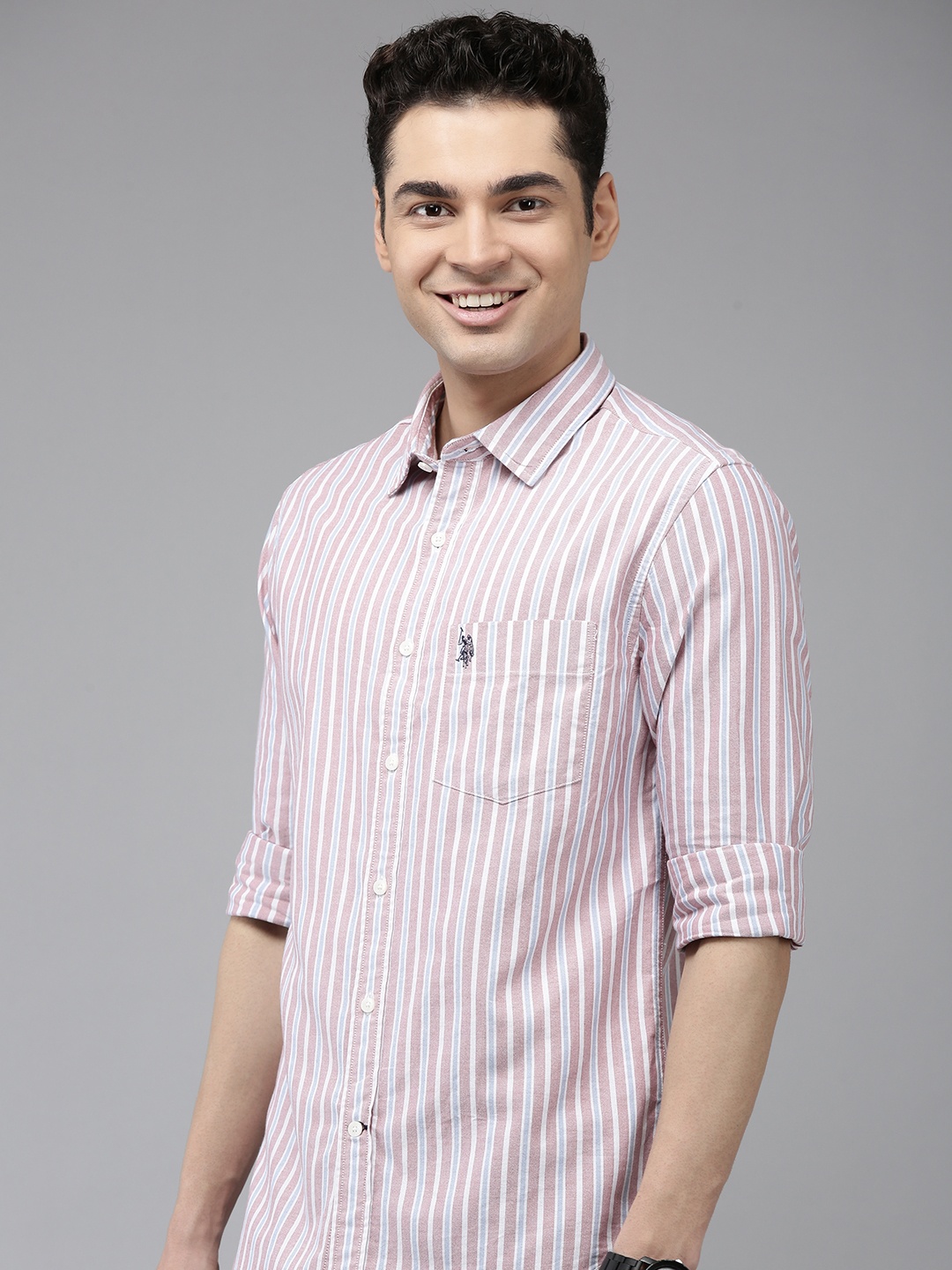 

U.S. Polo Assn. Tailored Fit Vertical Stripes Pure Cotton Casual Shirt, Red