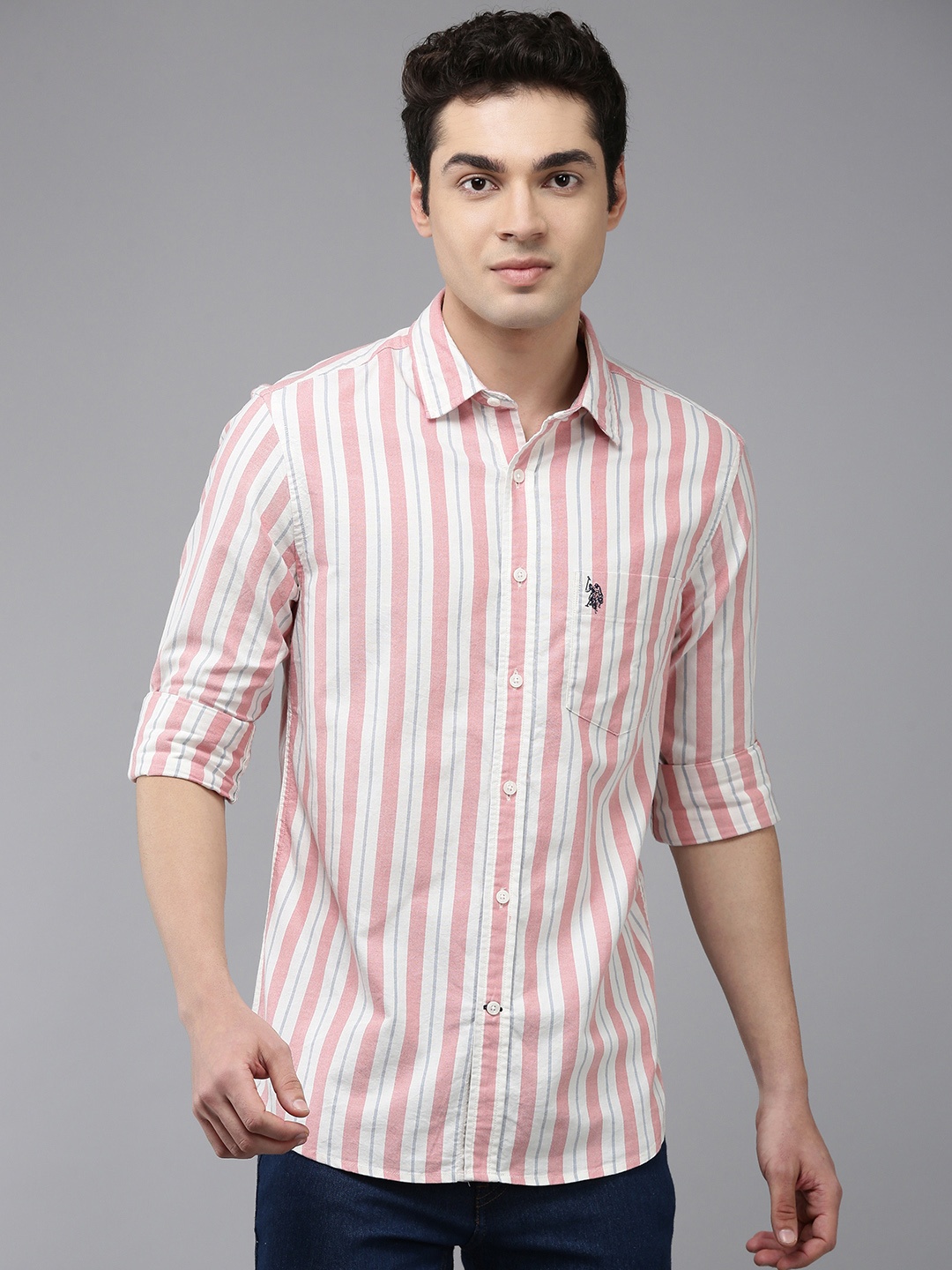 

U.S. Polo Assn. Pure Cotton Tailored Fit Striped Casual Shirt, Pink