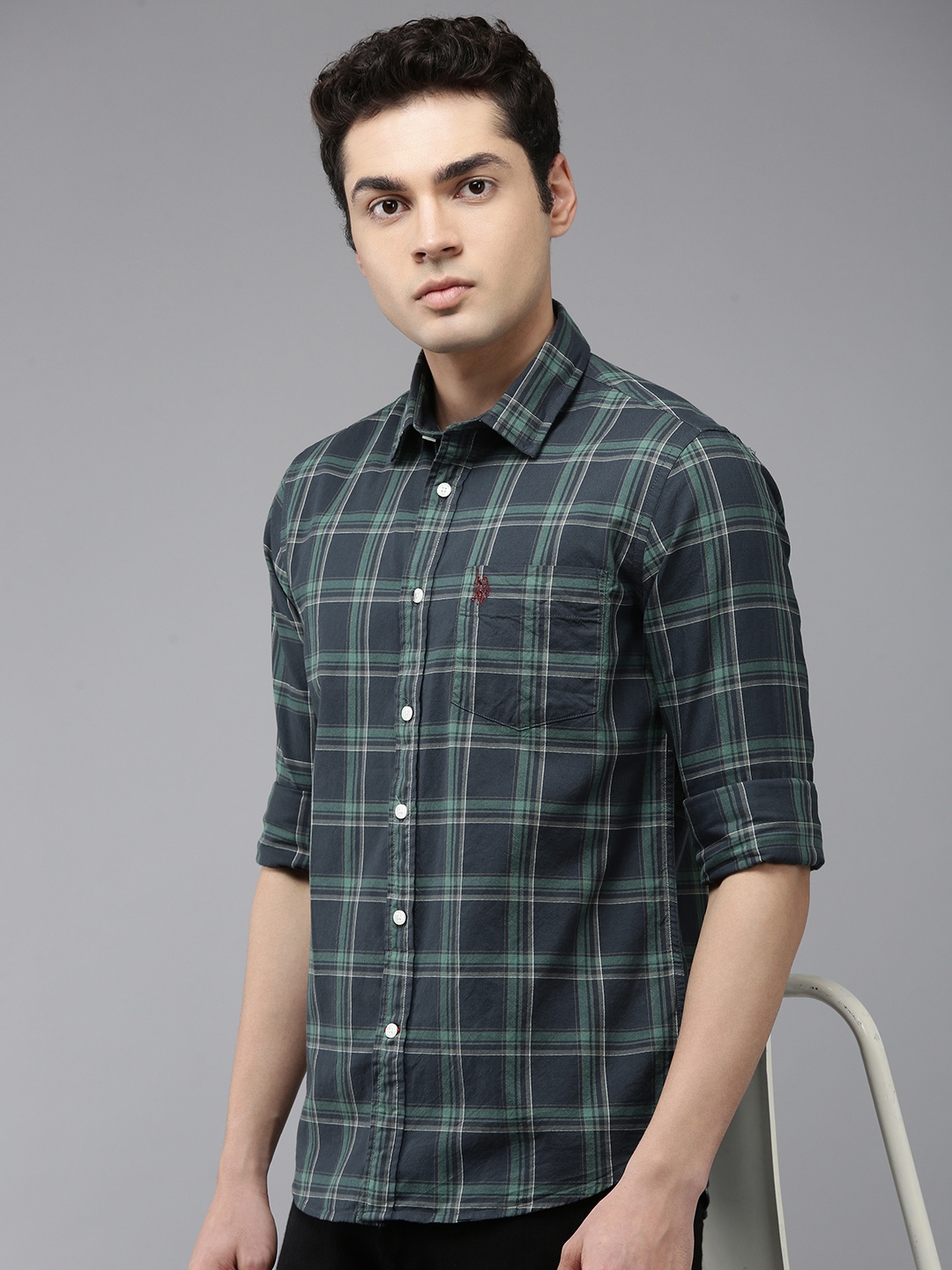 

U.S. Polo Assn. Pure Cotton Tailored Fit Checked Casual Shirt, Green