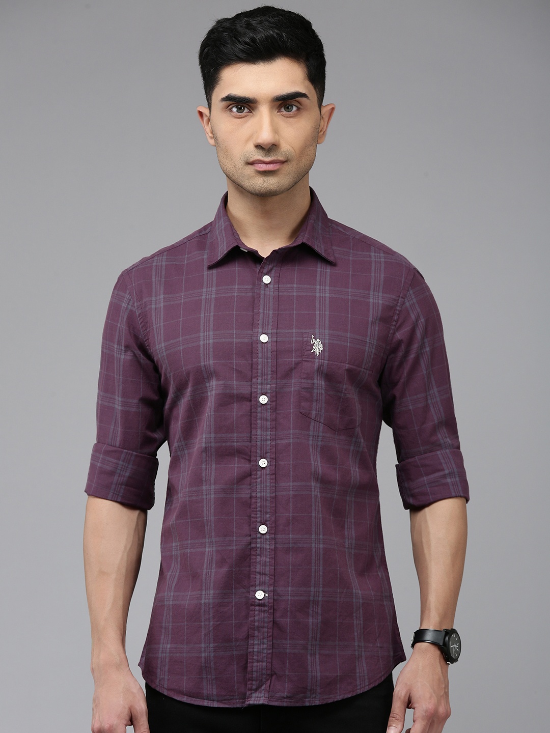 

U.S. Polo Assn. Tailored Fit Opaque Checked Pure Cotton Casual Shirt, Purple