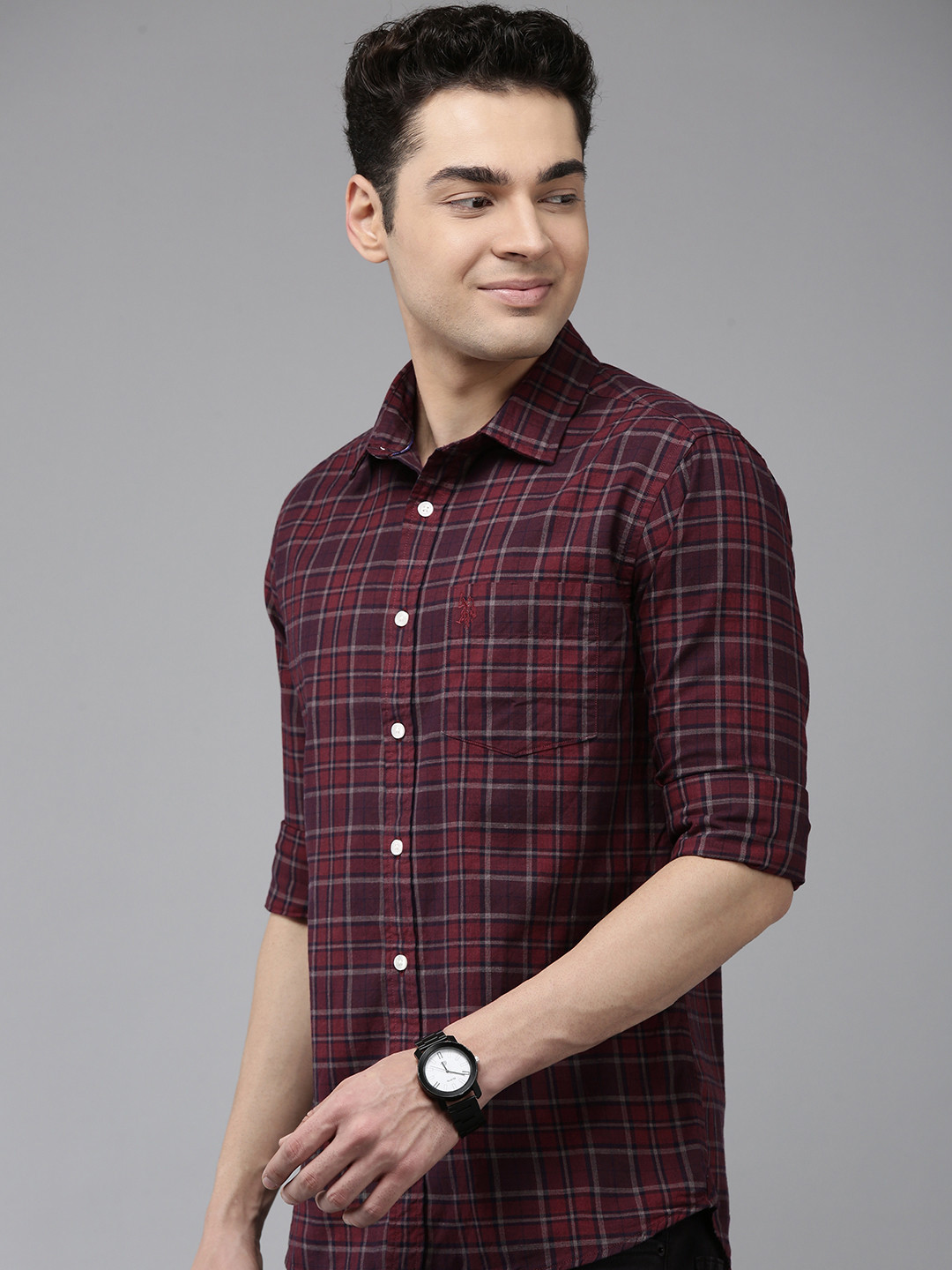 

U.S. Polo Assn. Tailored Fit Checked Pure Cotton Casual Shirt, Maroon