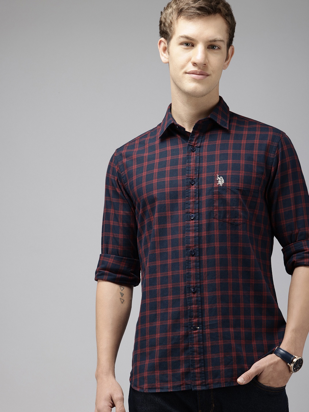 

U.S. Polo Assn. Pure Cotton Tailored Fit Opaque Checked Casual Shirt, Maroon