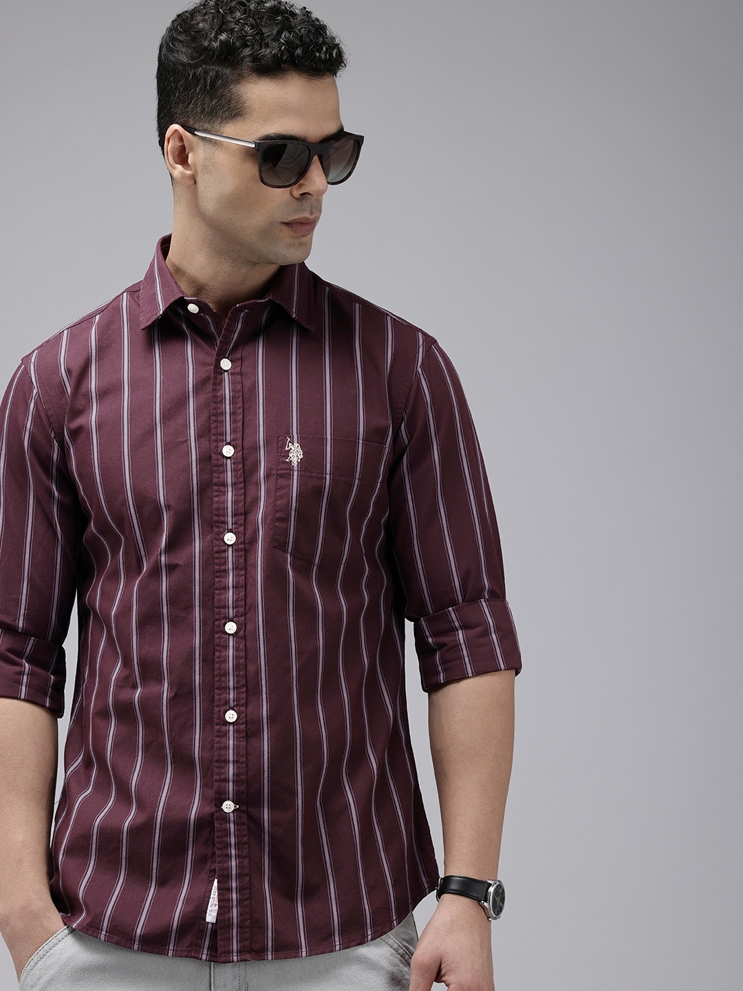 

U.S. Polo Assn. Pure Cotton Tailored Fit Striped Casual Shirt, Burgundy