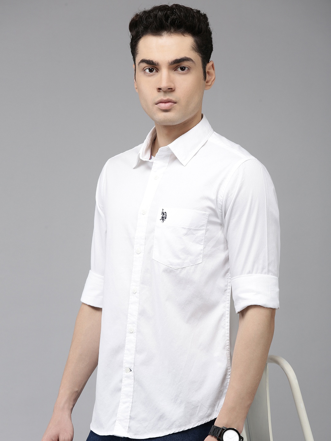 

U.S. Polo Assn. Tailored Fit Textured Pure Cotton Casual Shirt, White