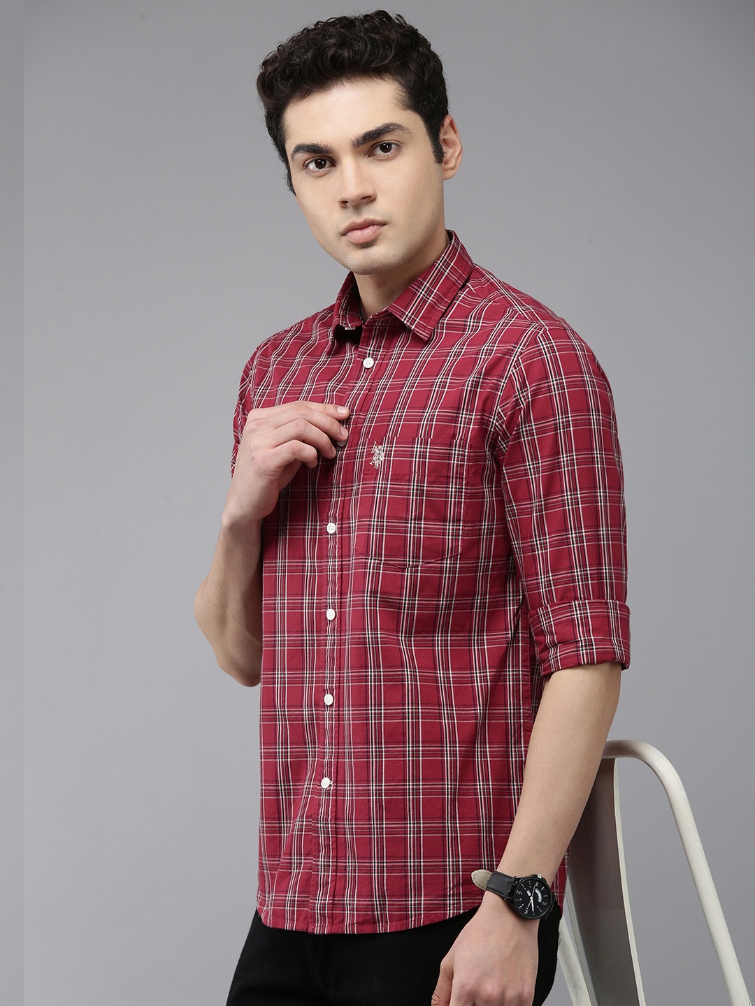 

U.S. Polo Assn. Pure Cotton Tailored Fit Tartan Checks Casual Shirt, Red