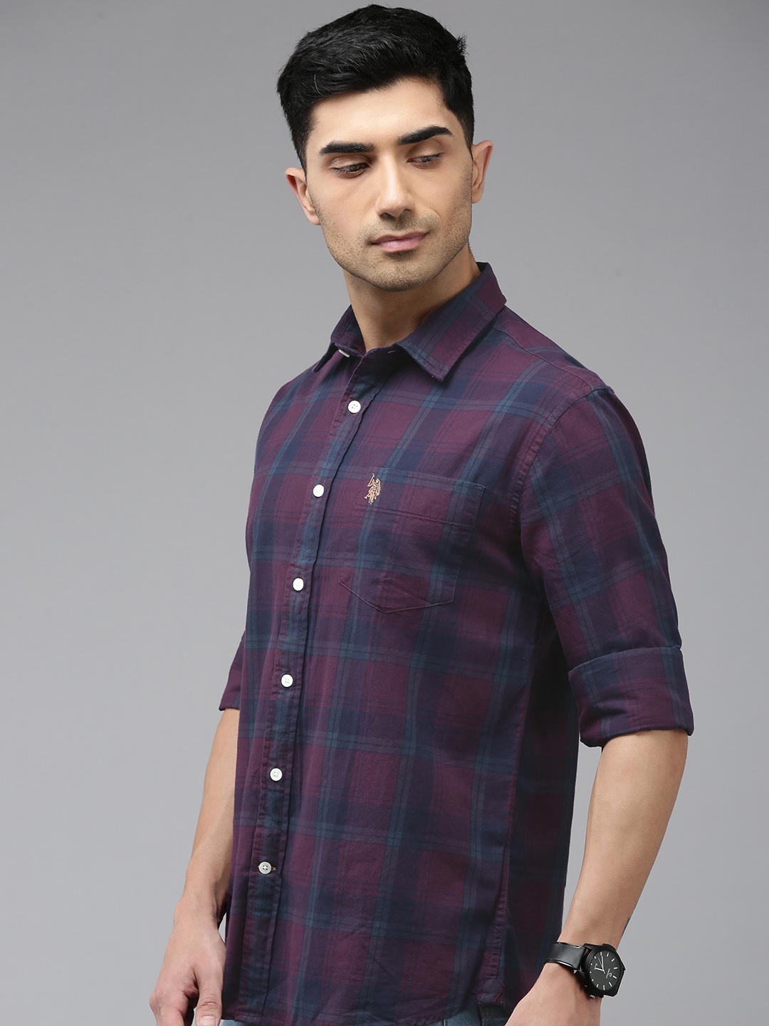 

U.S. Polo Assn. Checked Tailored Fit Pure Cotton Casual Shirt, Navy blue