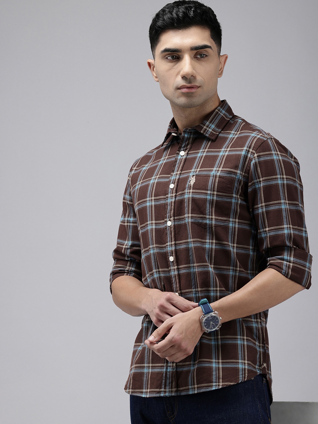 

U.S. Polo Assn. Pure Cotton Tailored Fit Checked Casual Shirt, Brown