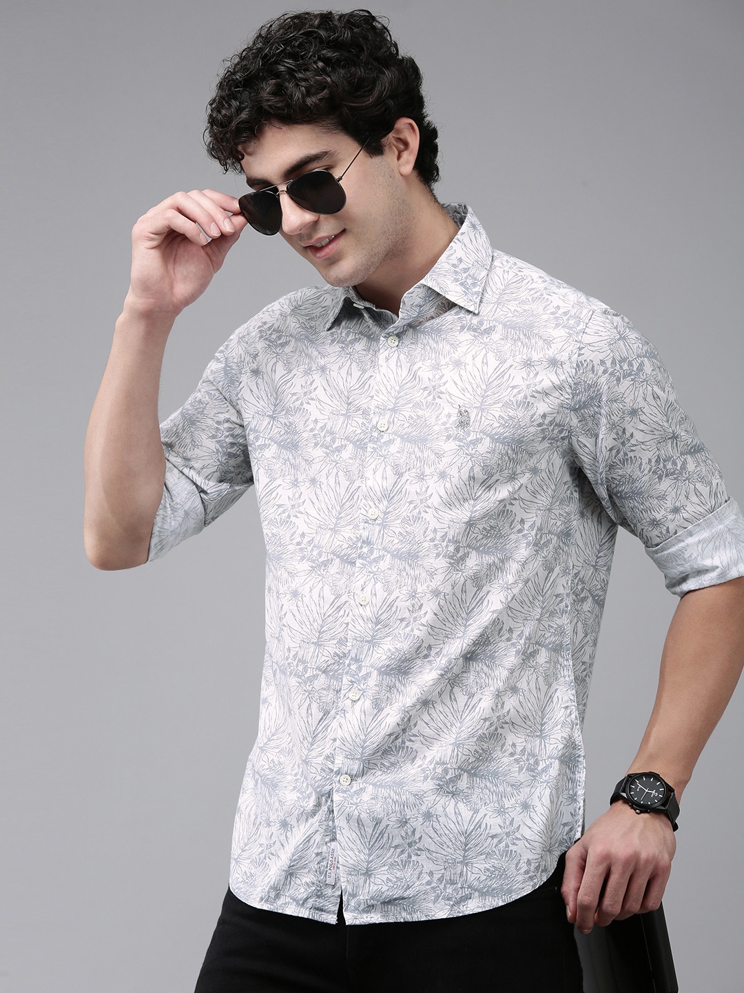 

U.S. Polo Assn. Tailored Fit Tropical Printed Pure Cotton Casual Shirt, White