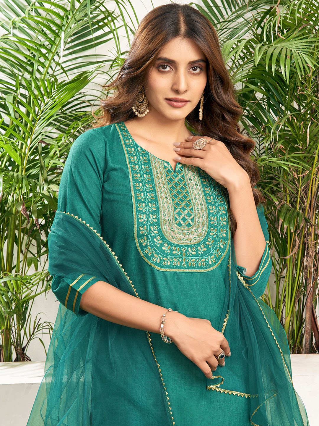 

KALINI Floral Yoke Design Straight Kurta with Trousers & Dupatta, Green