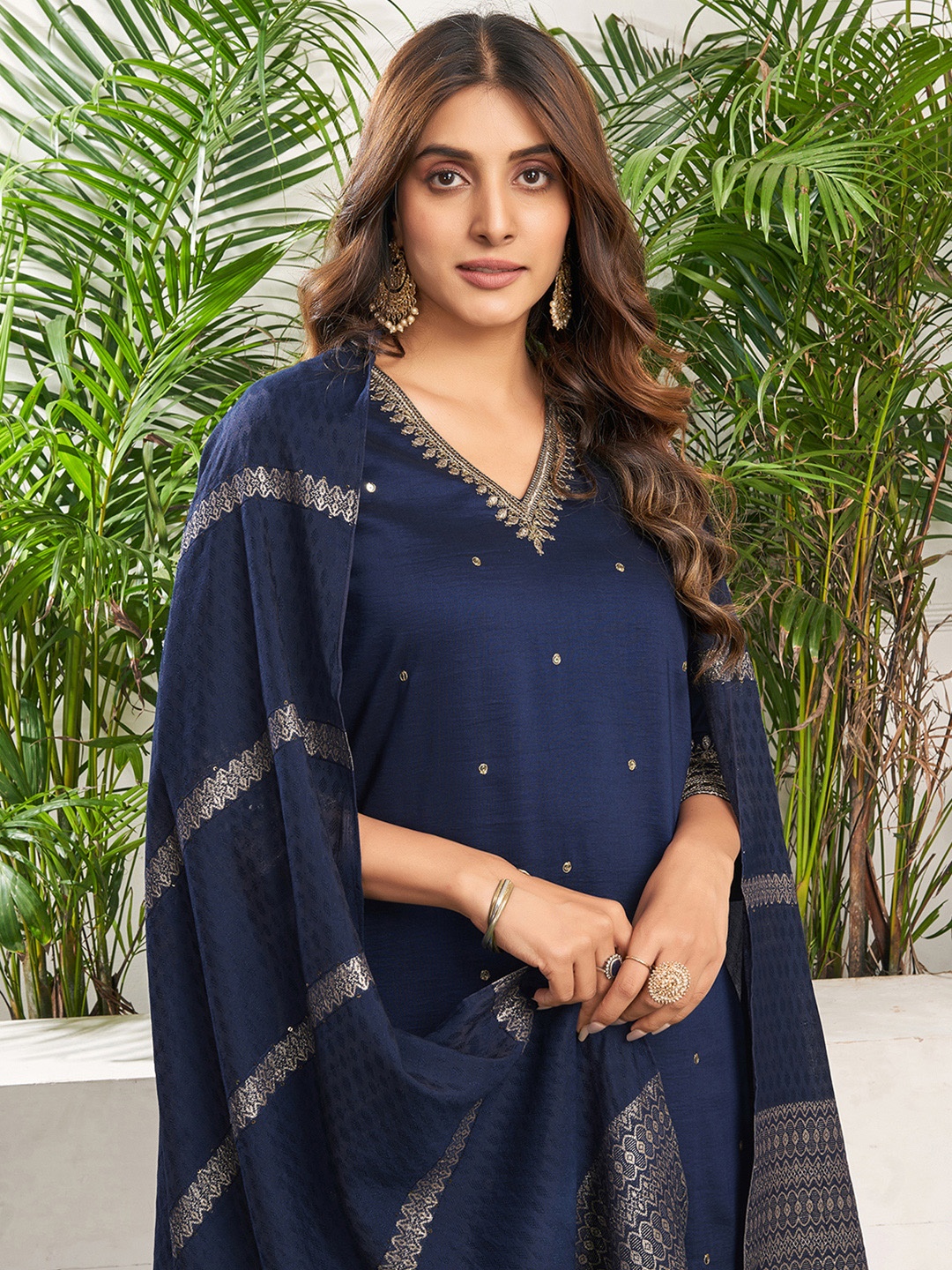 

KALINI Ethnic Motifs Embroidered Sequinned Kurta with Trousers & Dupatta, Blue