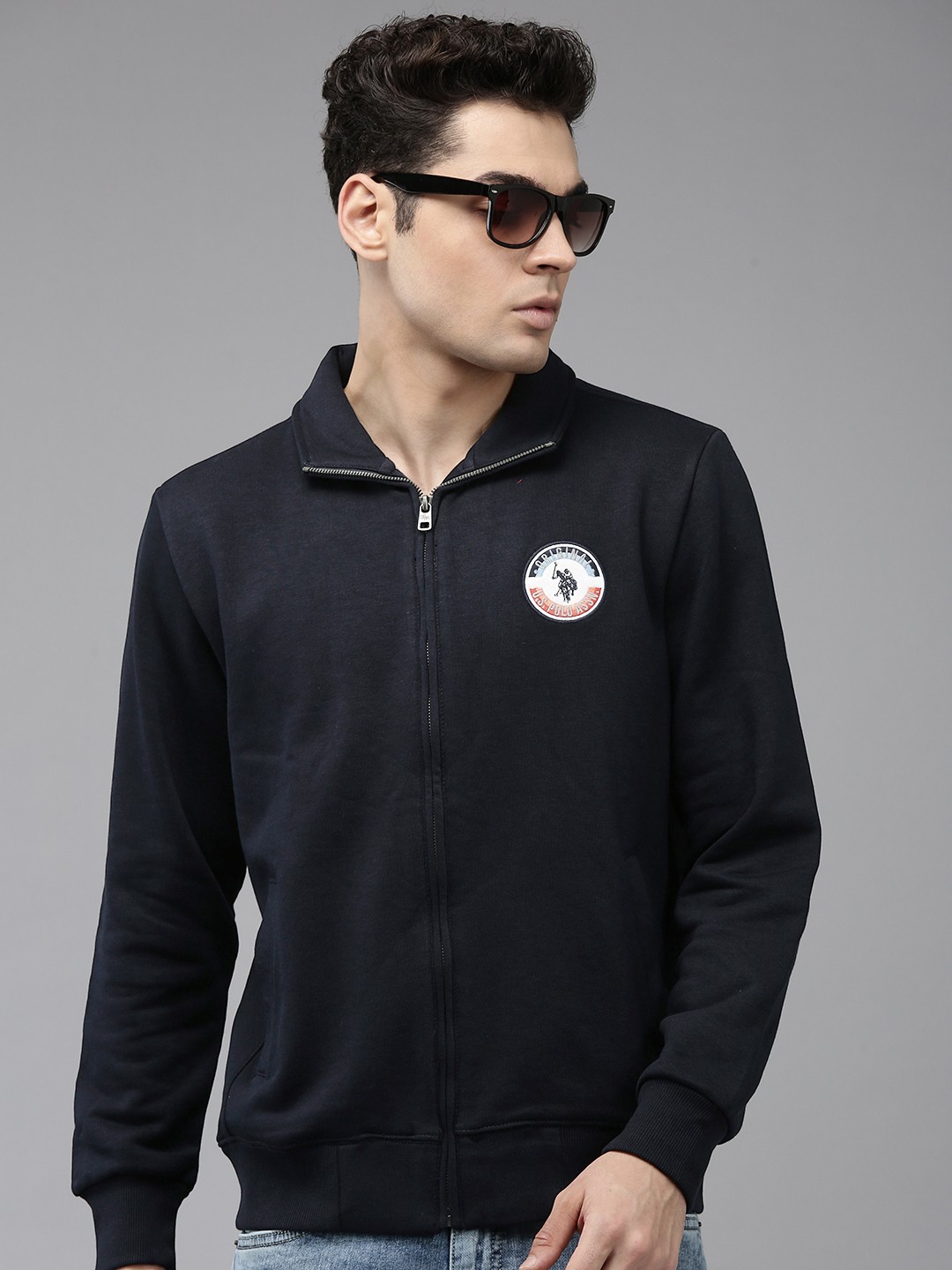 

U.S. Polo Assn. Denim Co. Mock Collar Brand Logo Embroidered Front Open Sweatshirts, Navy blue