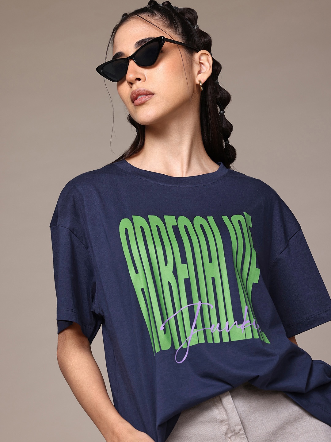 

The Roadster Lifestyle Co. Typography Print Drop-Shoulder Sleeves Pure Cotton T-shirt, Navy blue