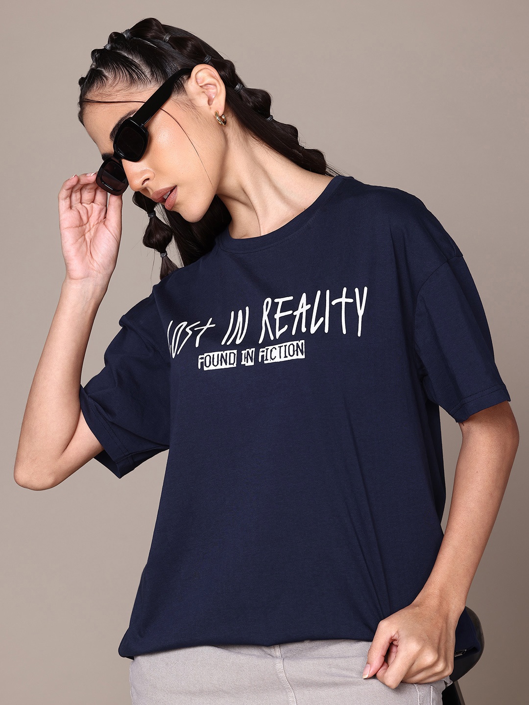 

The Roadster Lifestyle Co. Typography Print Drop-Shoulder Sleeves Pure Cotton T-shirt, Navy blue