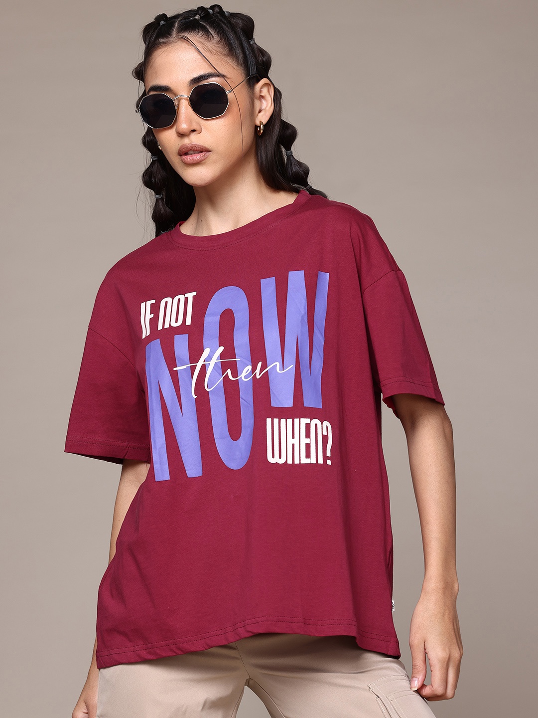 

The Roadster Lifestyle Co. Printed Pure Cotton Oversized T-shirt, Maroon