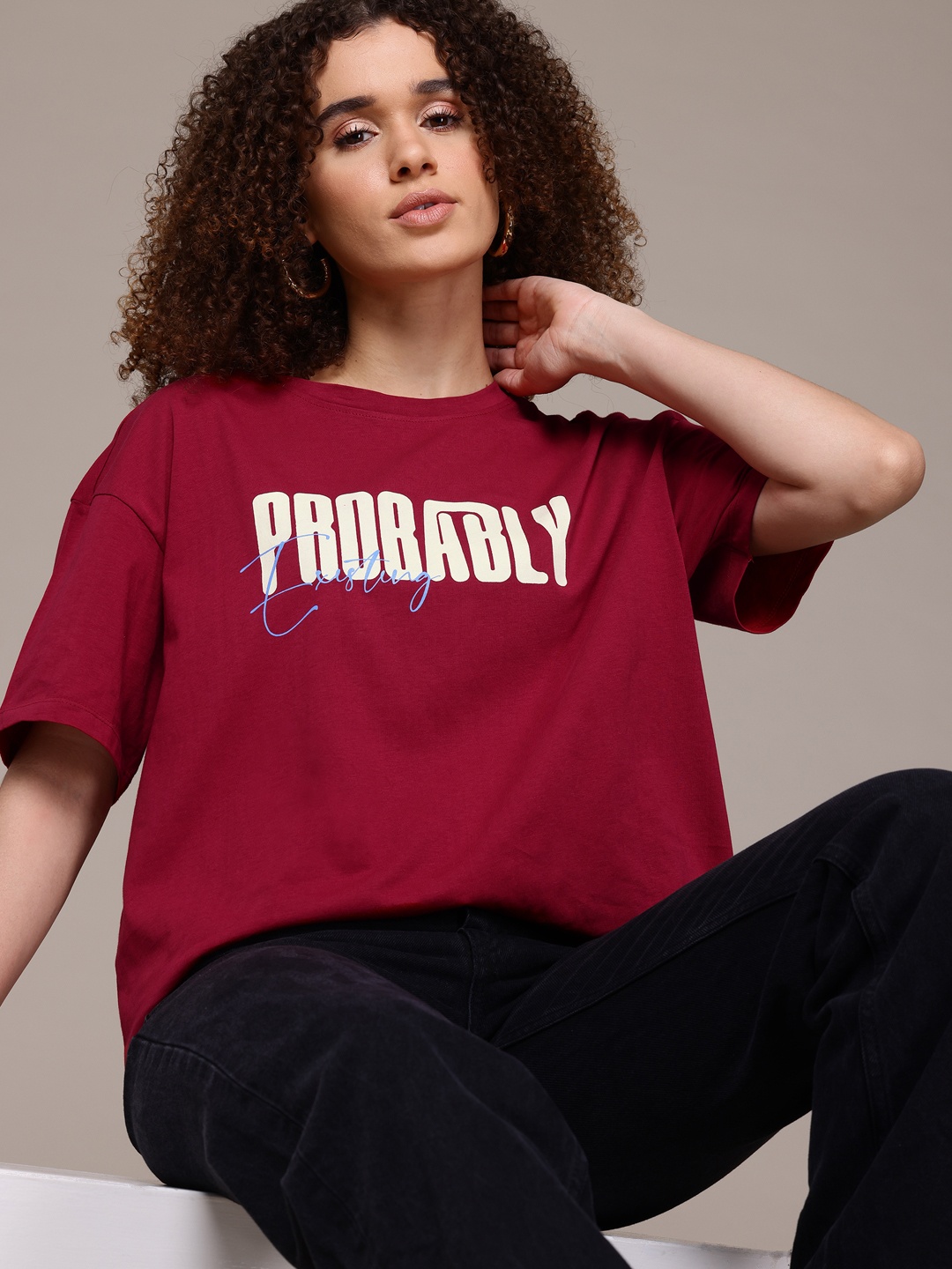 

The Roadster Lifestyle Co. Typography Printed Drop-Shoulder Sleeves Pure Cotton T-shirt, Maroon
