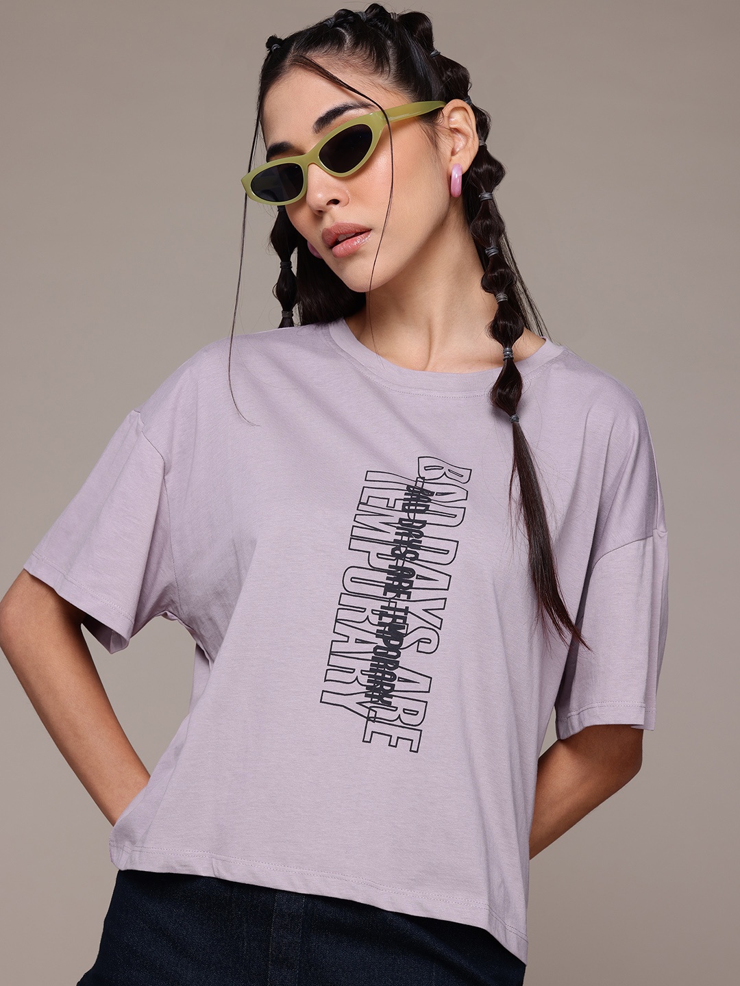 

The Roadster Lifestyle Co. Typography Printed Pure Cotton Boxy T-Shirt, Lavender