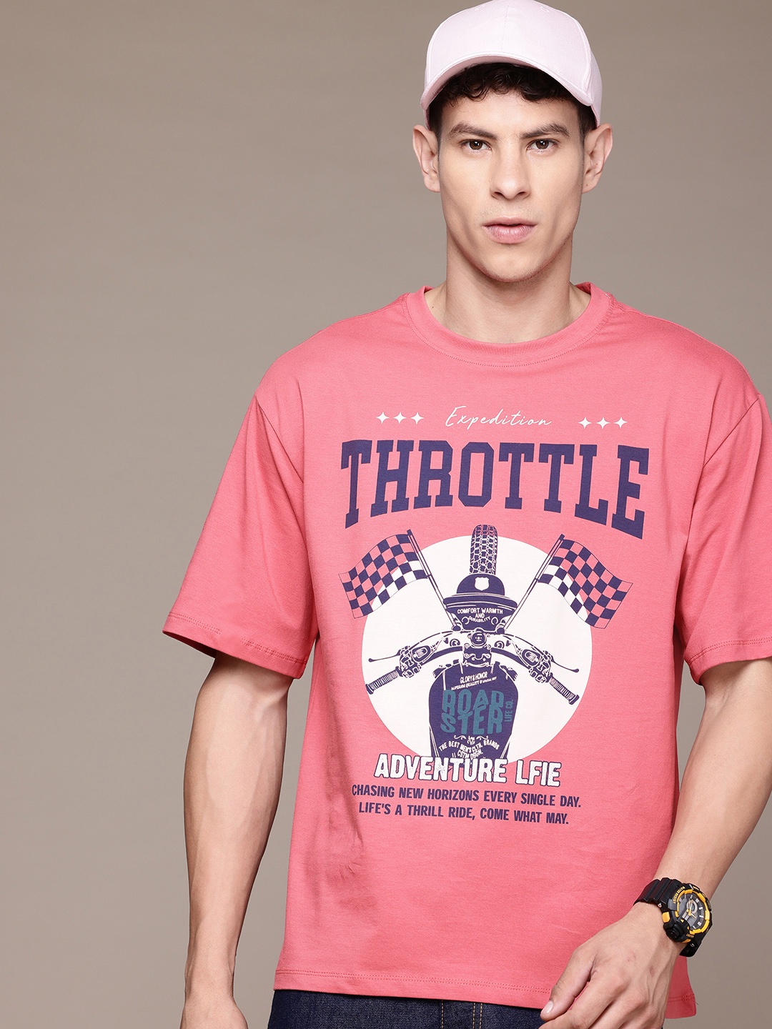 

The Roadster Lifestyle Co. Printed Drop-Shoulder Sleeves Pure Cotton T-shirt, Pink