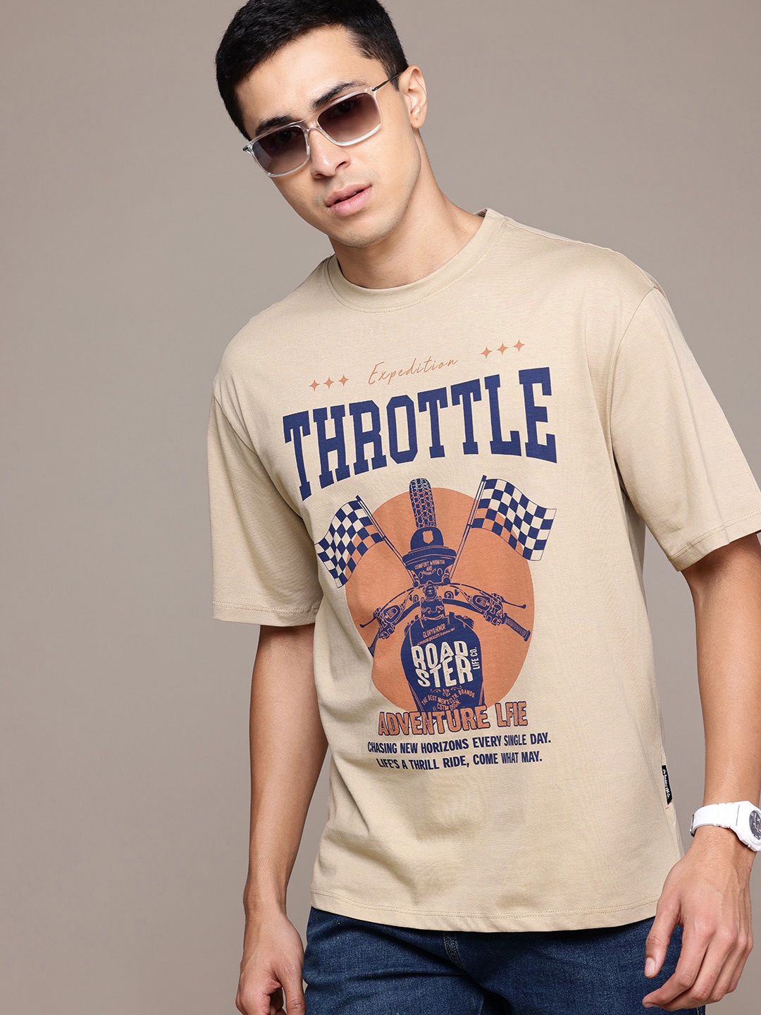 

The Roadster Lifestyle Co. Printed Pure Cotton Relaxed Fit T-shirt, Beige