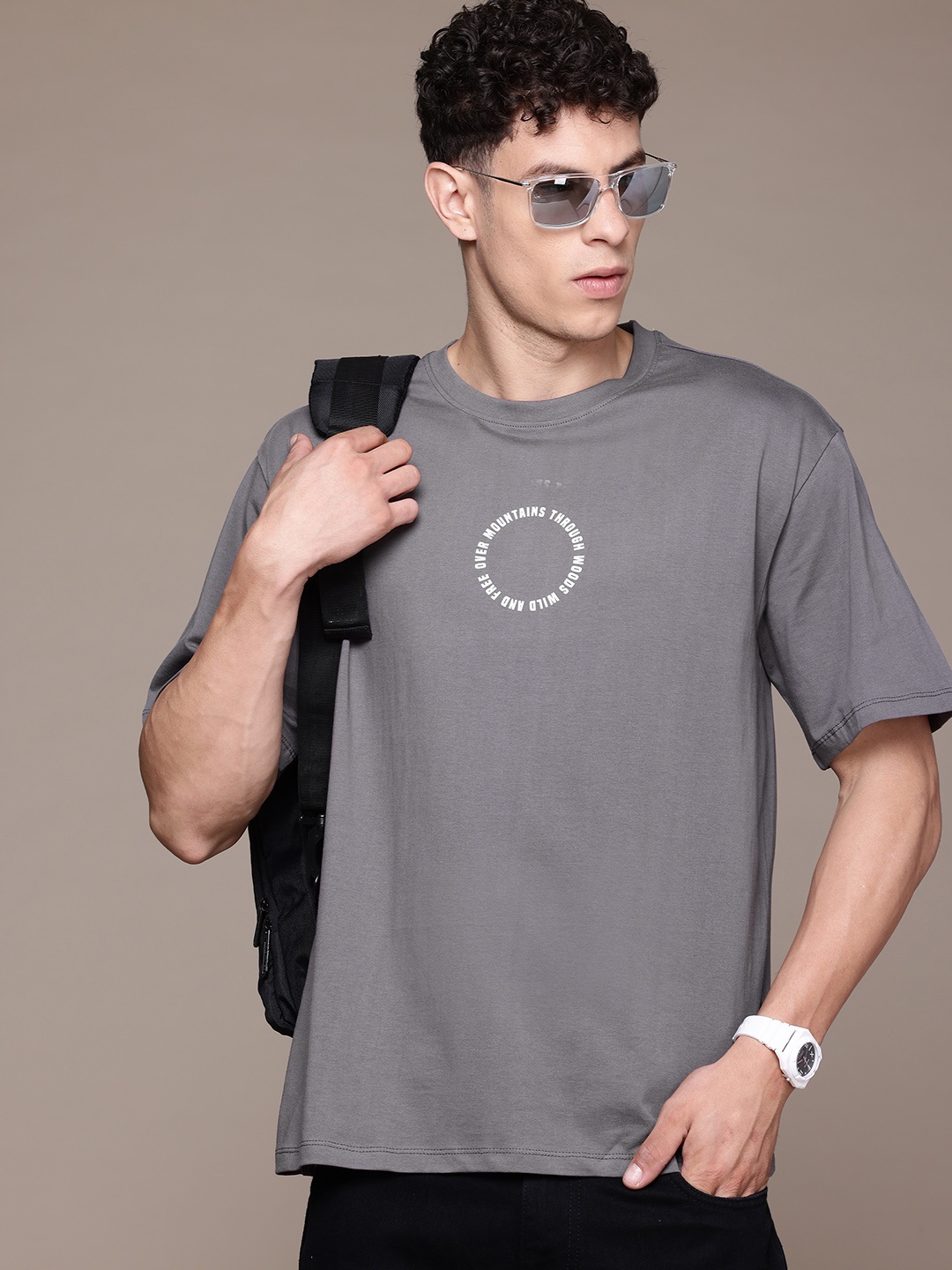 

The Roadster Lifestyle Co. Typography Printed Drop-Shoulder Sleeves Relaxed T-shirt, Charcoal