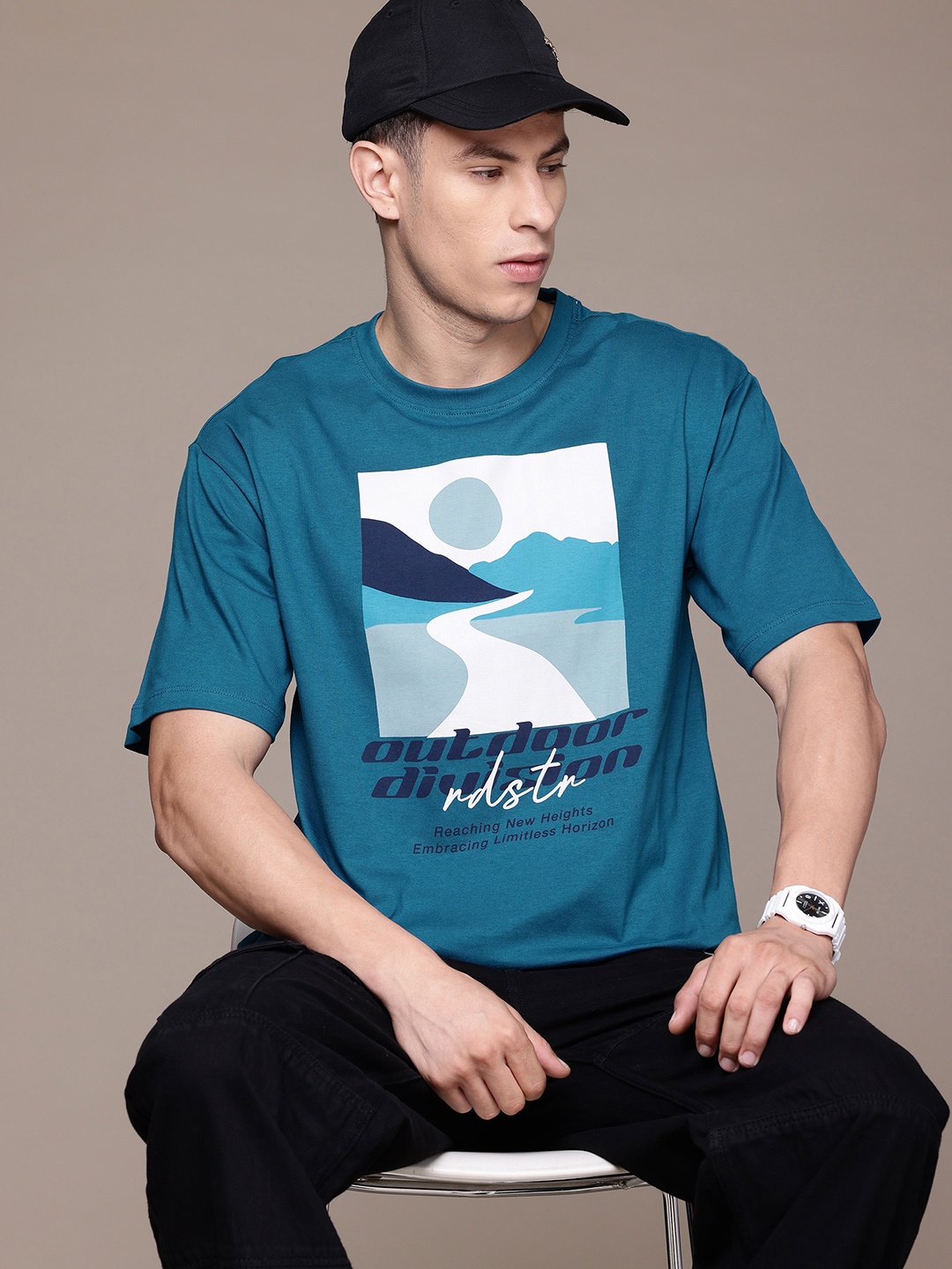 

The Roadster Lifestyle Co. Printed Drop-Shoulder Sleeves Relaxed T-shirt, Teal