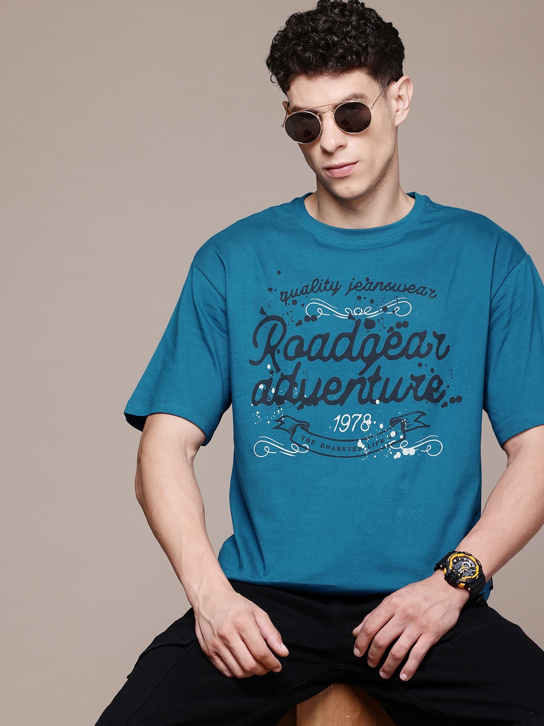 

The Roadster Lifestyle Co. Printed Relaxed Fit Pure Cotton T-shirt, Teal