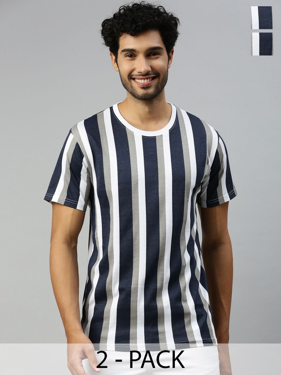 

Ramraj Men Pack Of 2 Striped Round Neck Cotton T-Shirts, Navy blue