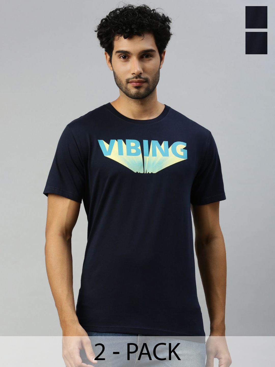 

Ramraj Men Pack Of 2 Typography Printed Round Neck Cotton T-Shirts, Navy blue