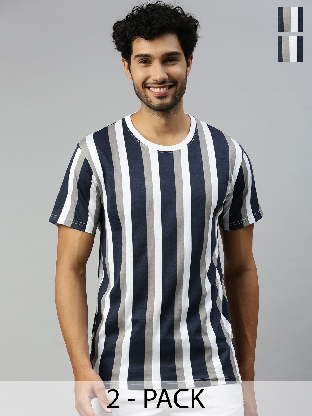 

Ramraj Men Pack Of 2 Striped Round Neck Cotton T-Shirts, Navy blue