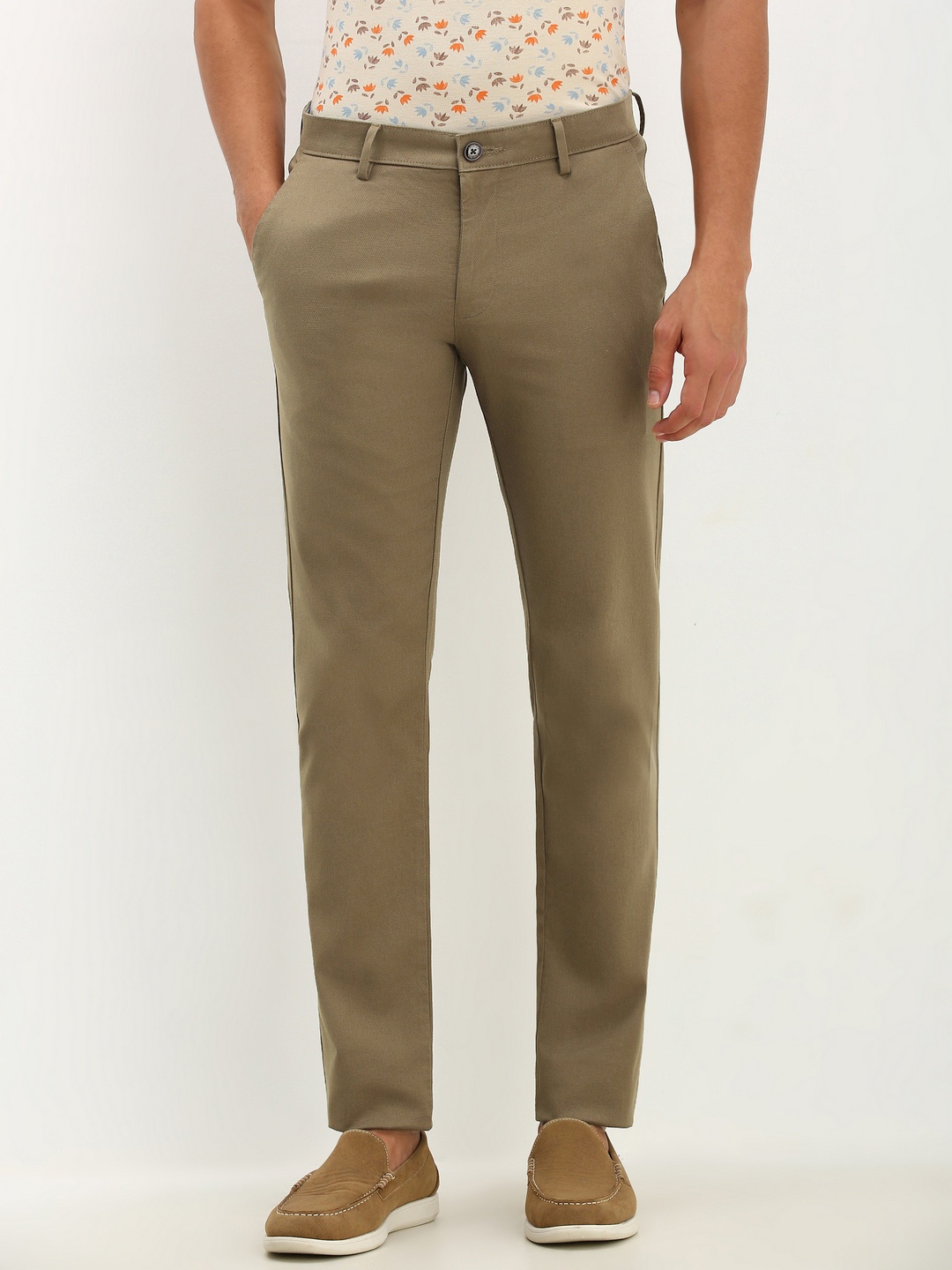 

Allen Solly Men Textured Smart Slim Fit Chinos Trousers, Olive