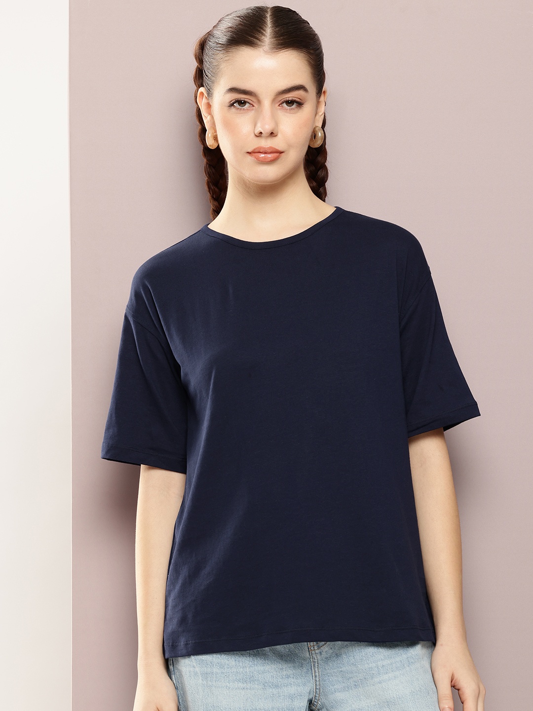 

Kook N Keech Drop-Shoulder Sleeves Oversized Pure Cotton T-shirt, Navy blue