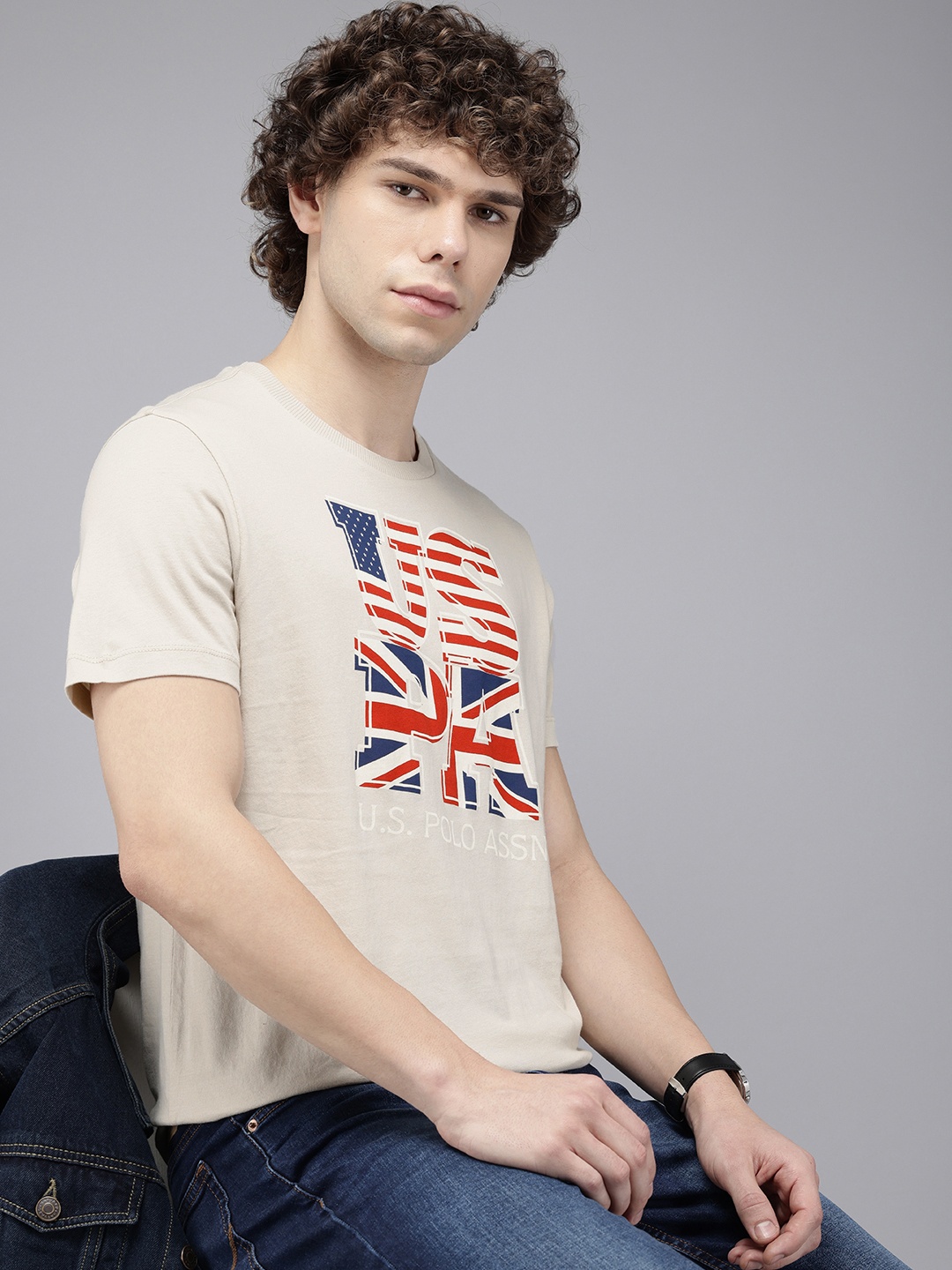 

U.S. Polo Assn. Denim Co. Pure Cotton Brand Logo Printed Slim Fit T-shirt, Beige
