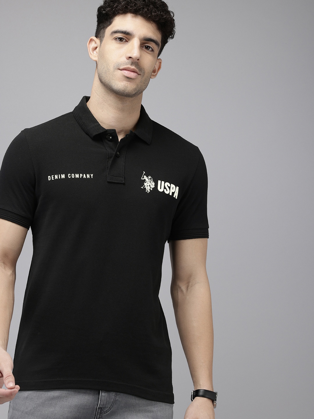

U.S. Polo Assn. Denim Co. Pure Cotton Brand Logo Printed Polo Collar Slim Fit T-shirt, Black