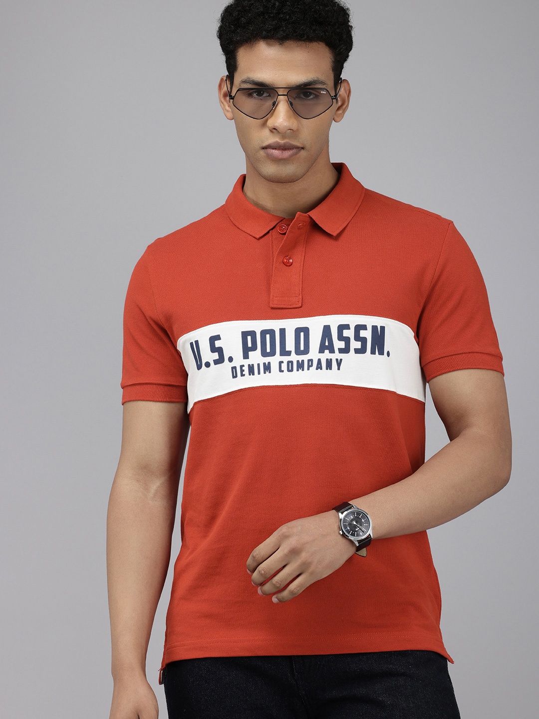 

U.S. Polo Assn. Denim Co. Brand Logo Printed Polo Collar Pure Cotton Slim Fit T-shirt, Red